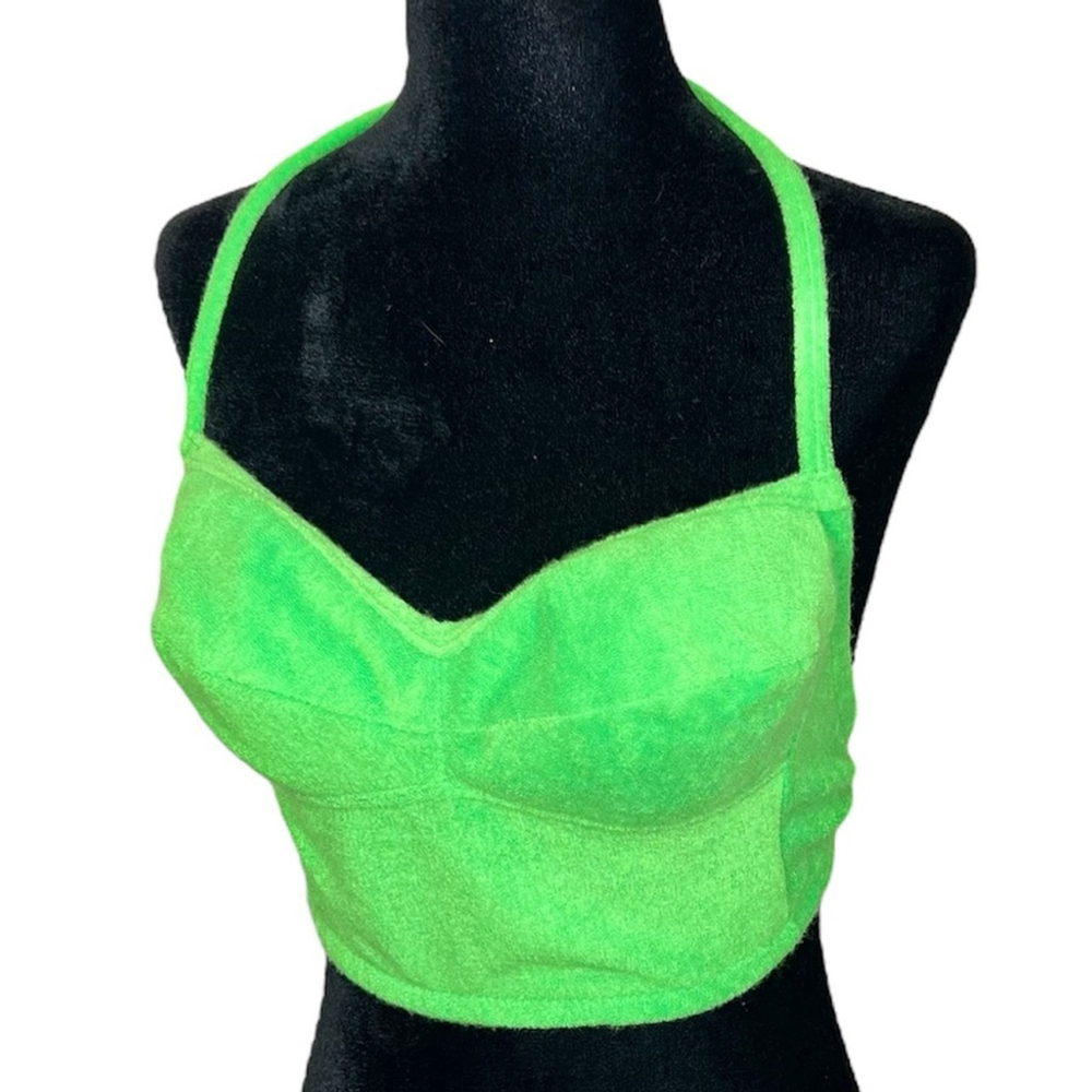 Vintage 70s 80s La Liberte green terry cloth molded halter crop top bra top 38